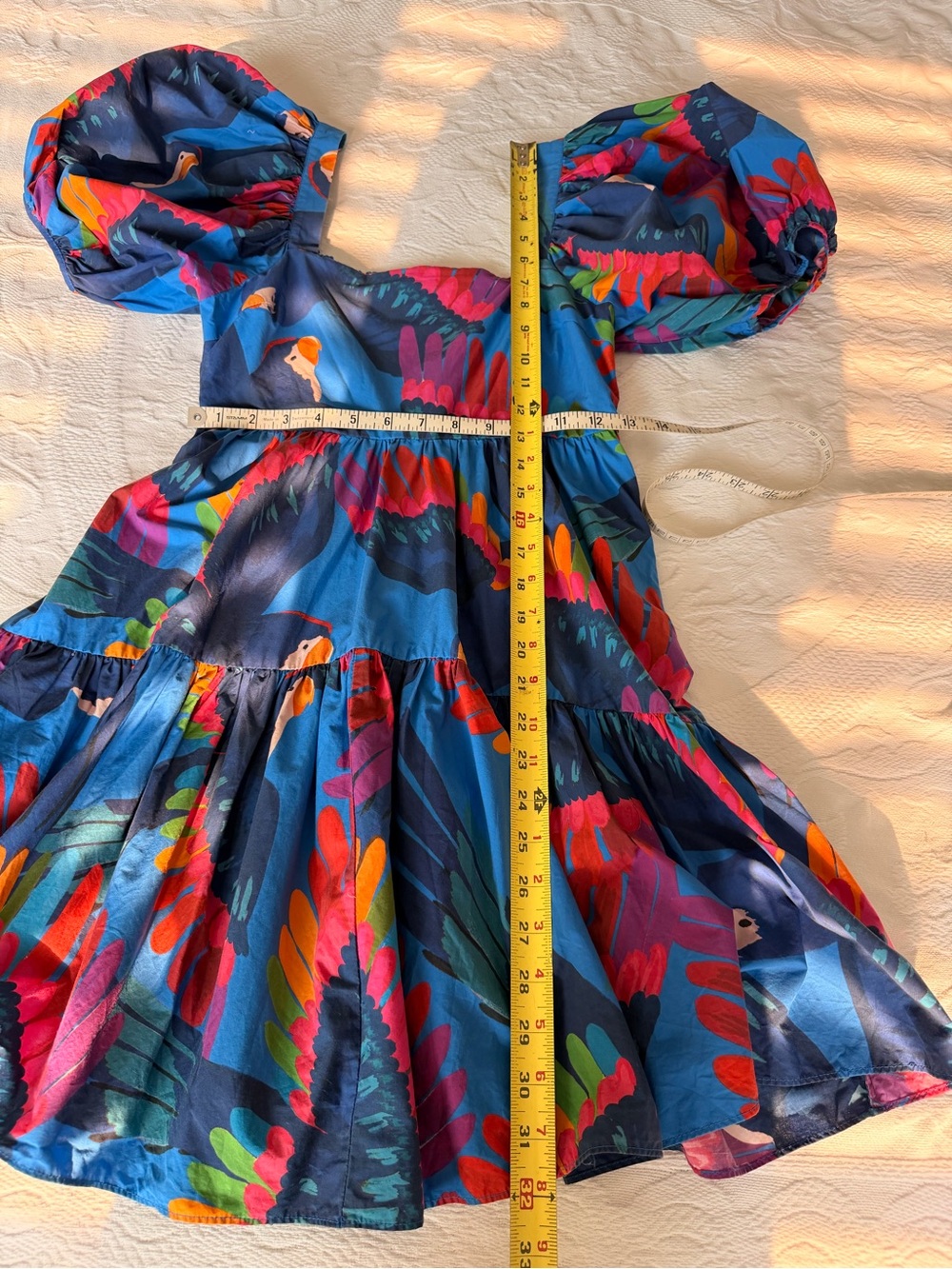 Farm Rio XS Rainbow Macaw Mini Dress Babydoll Smocked Back Puff Sleeve Cotton - Picture 12 of 12